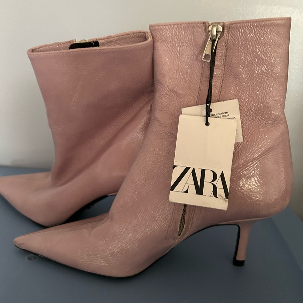 Zara Lilac Blush Leather Pointed Toe Heeled Ankle Boots